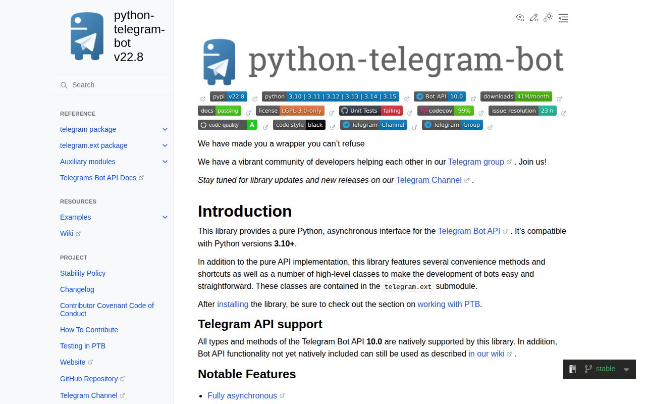 Screenshot of python-telegram-bot documentation