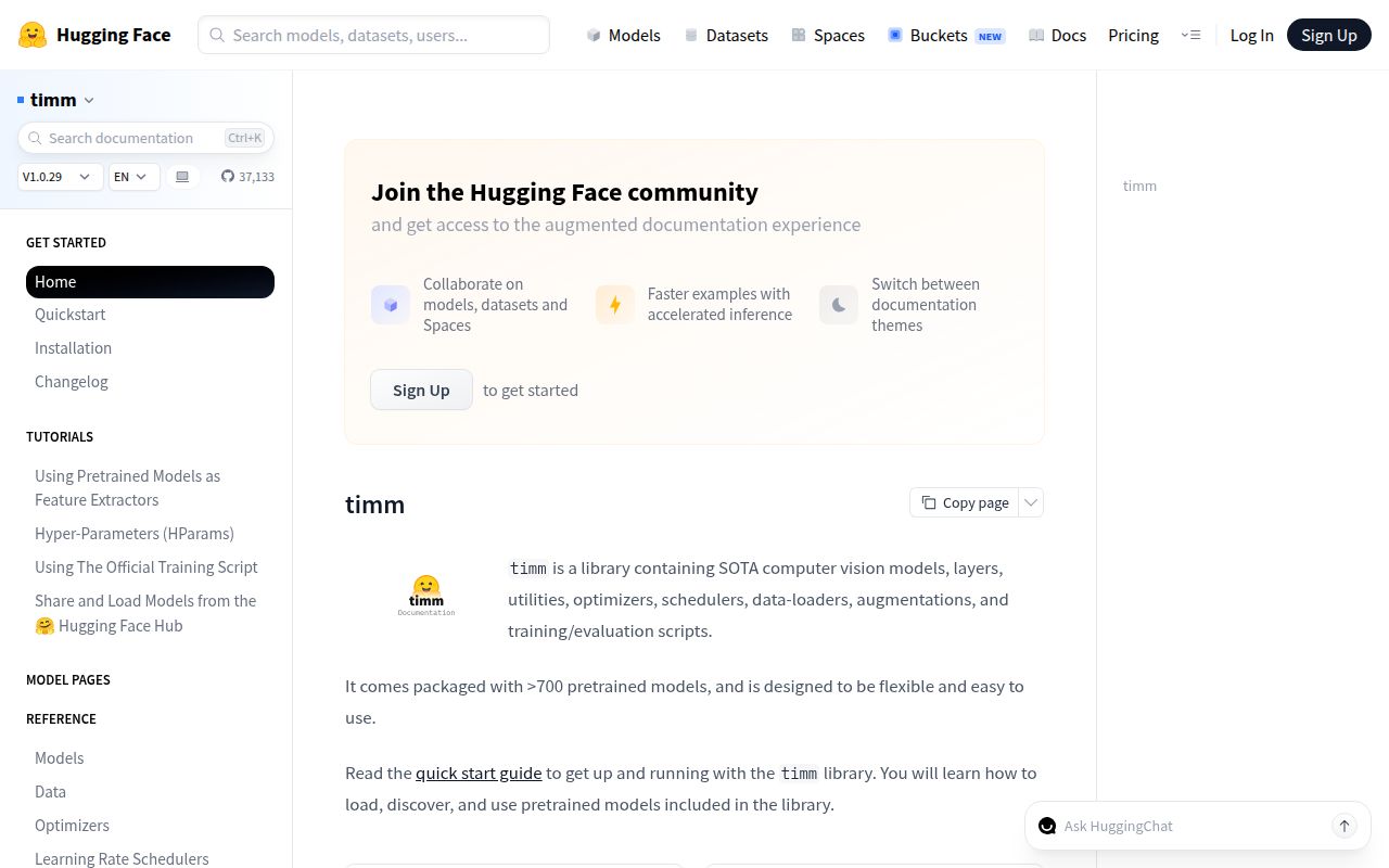 Screenshot of pytorch-image-models (huggingface.co/docs/timm)