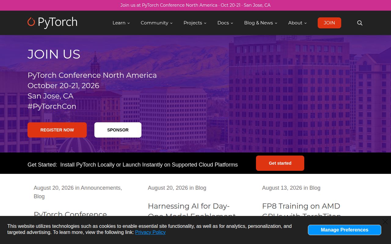 Screenshot of pytorch (pytorch.org)
