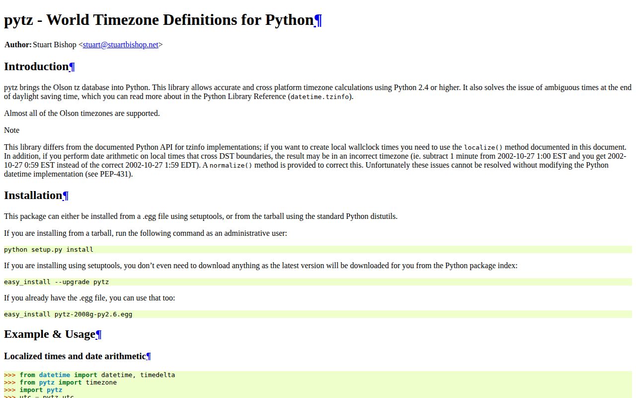 Screenshot of pytz documentation