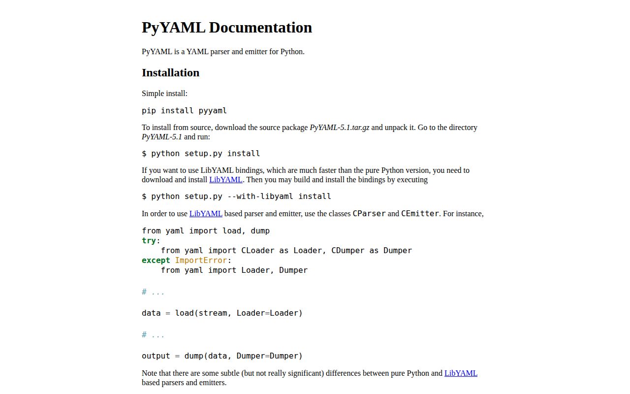 Screenshot of pyyaml documentation
