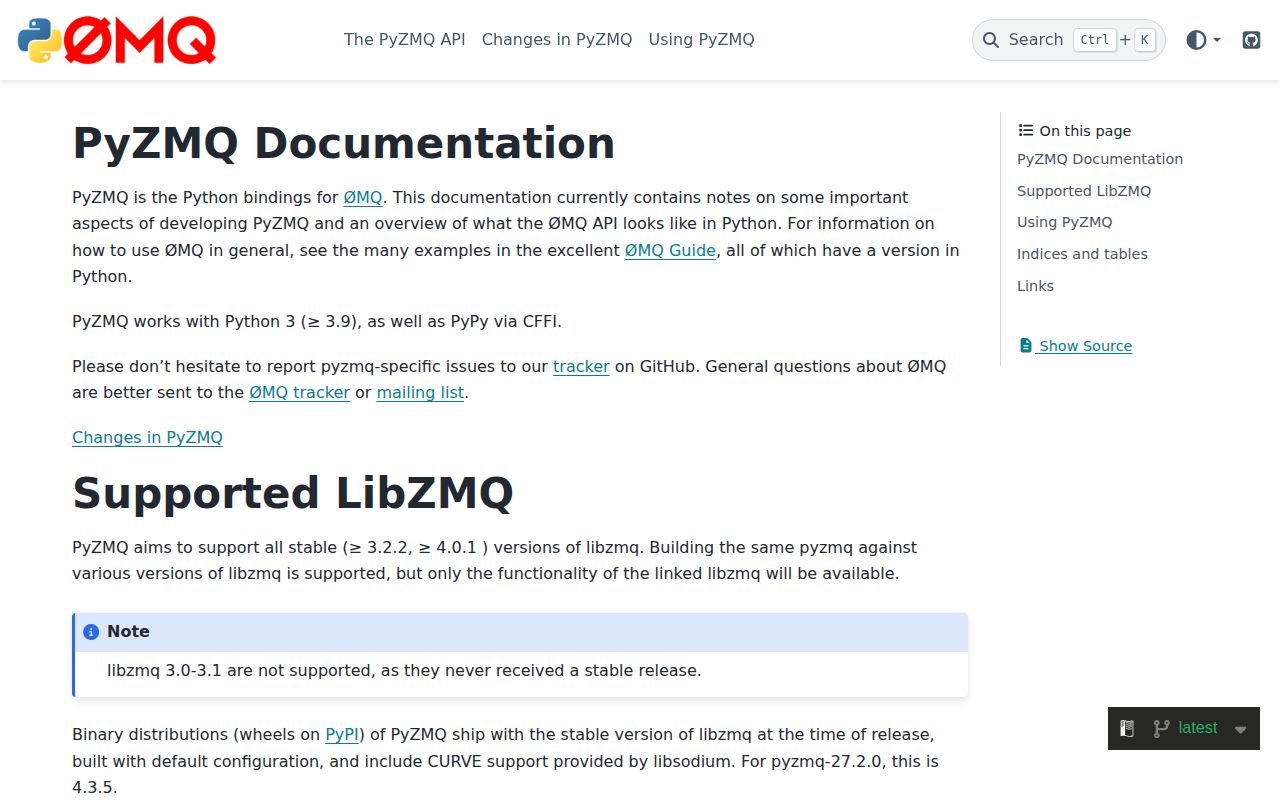 Screenshot of pyzmq documentation