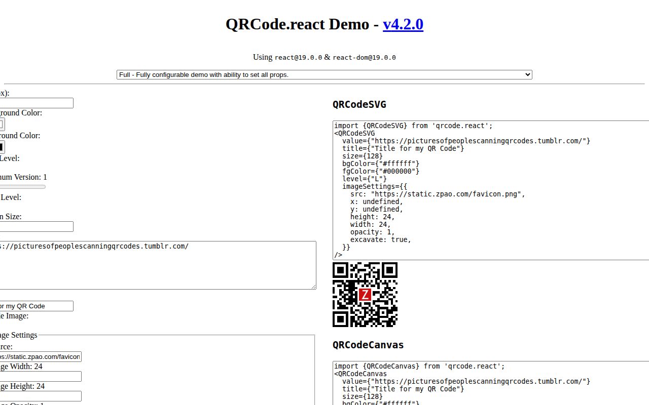 Screenshot of qrcode.react documentation
