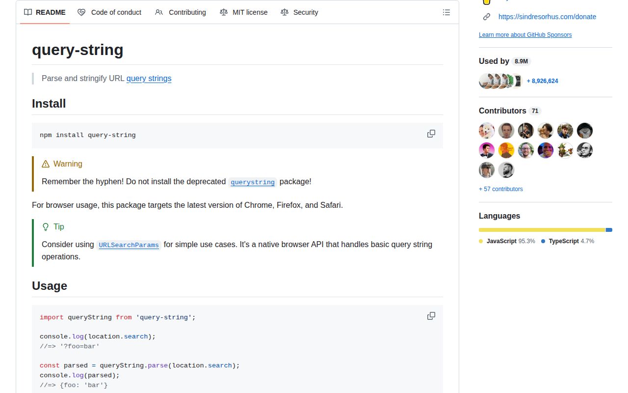 Screenshot of query-string documentation