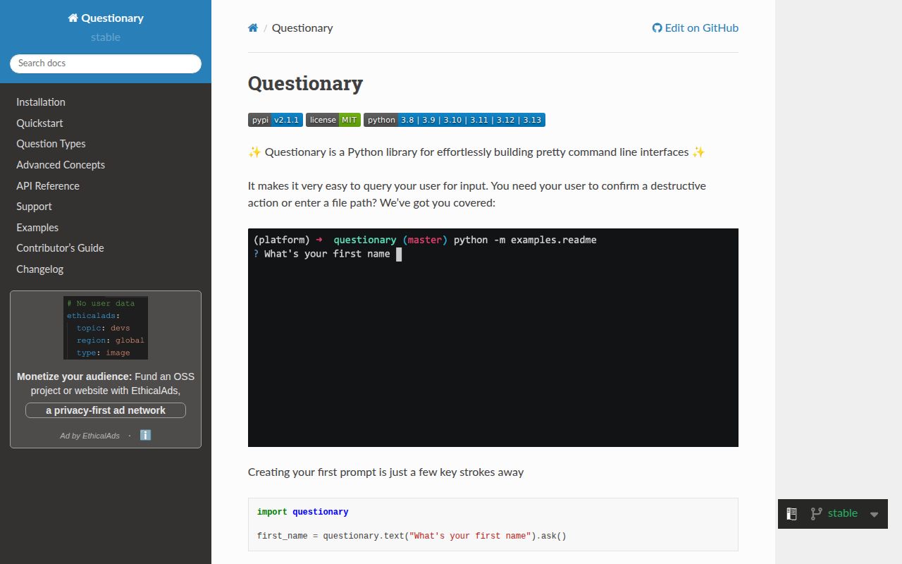 Screenshot of questionary documentation