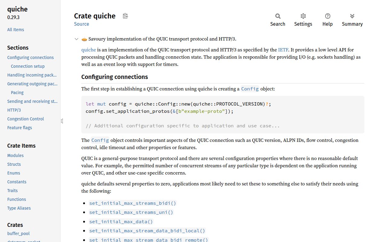 Screenshot of quiche (docs.quic.tech/quiche)