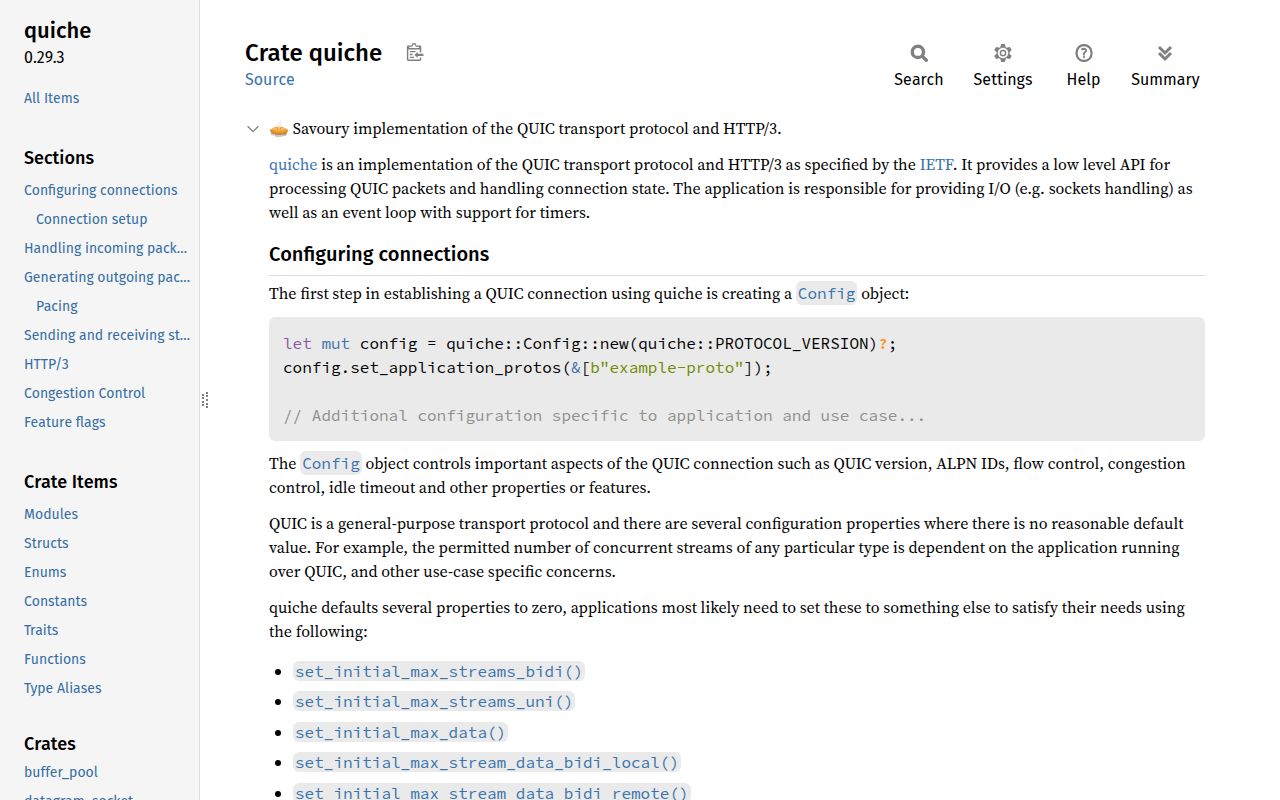 Screenshot of quiche (docs.quic.tech/quiche)