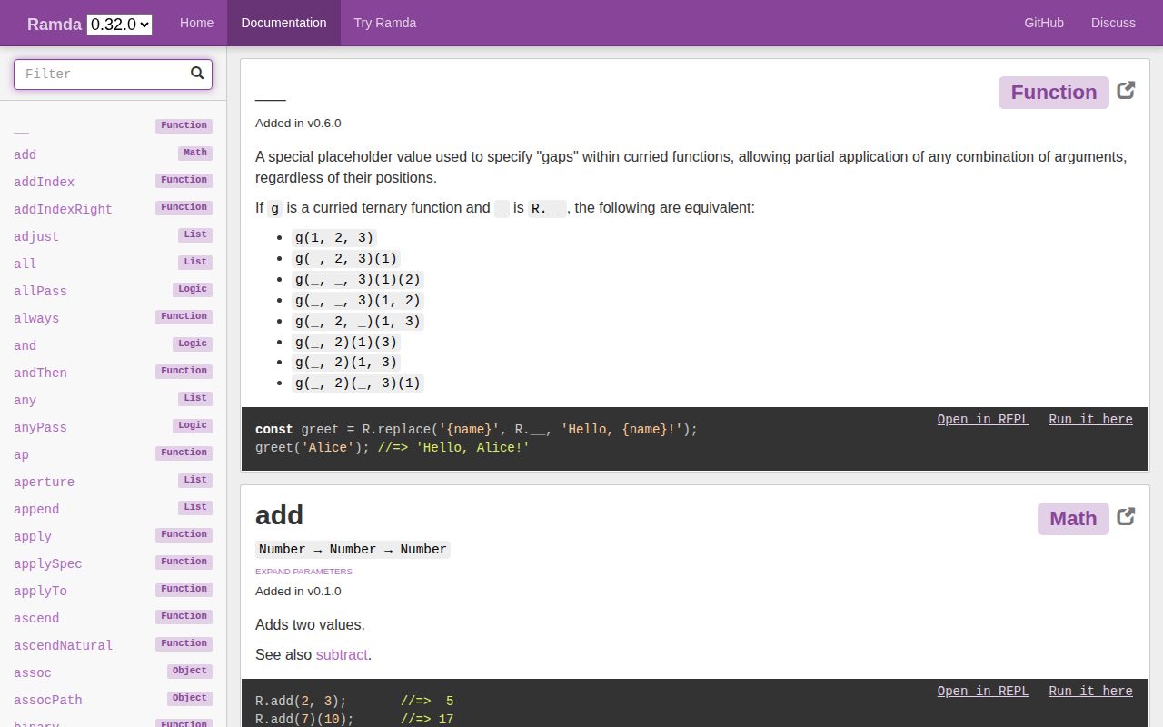 Screenshot of ramda documentation