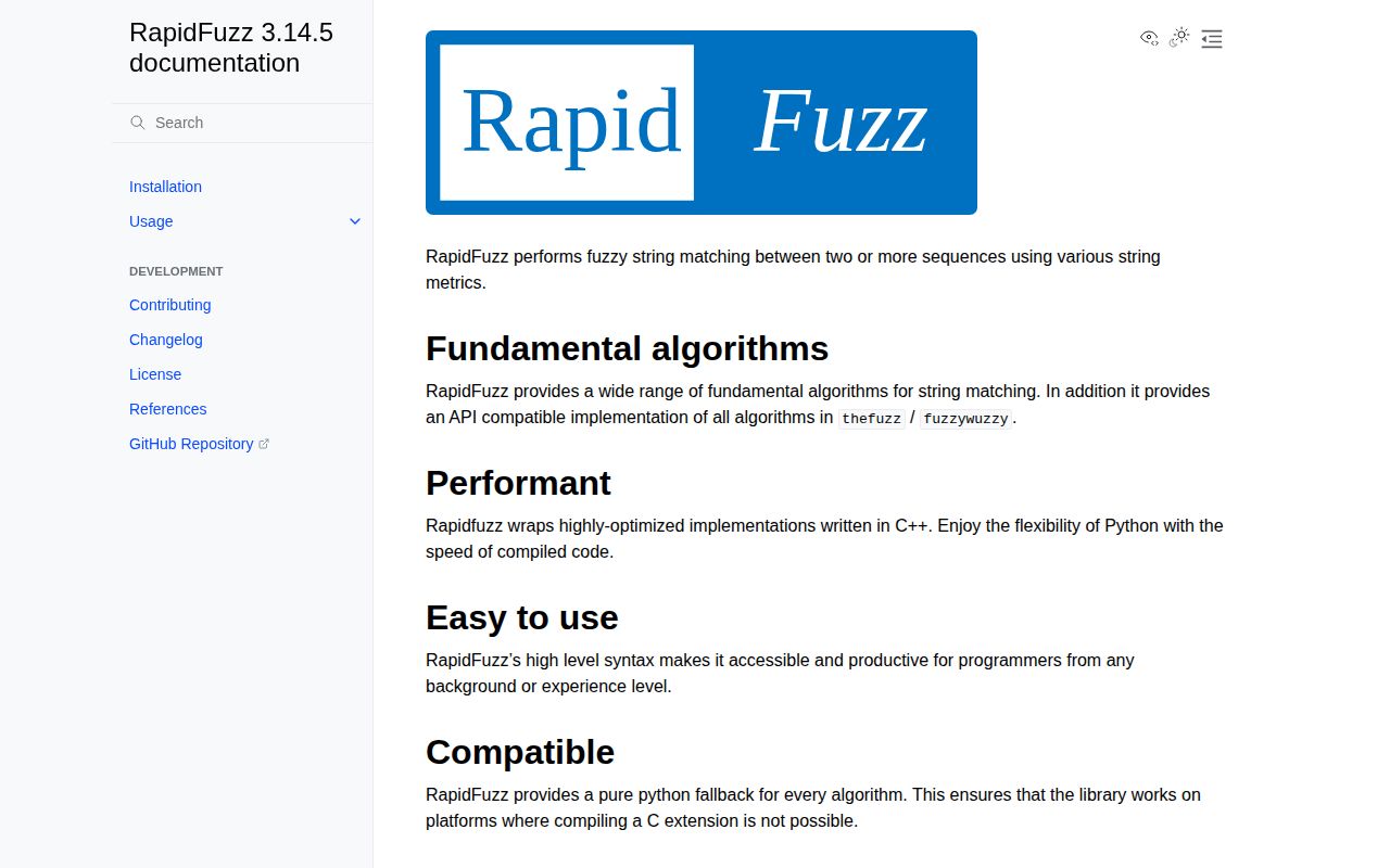 Screenshot of rapidfuzz documentation