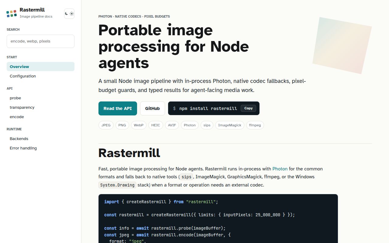 Screenshot of rastermill documentation