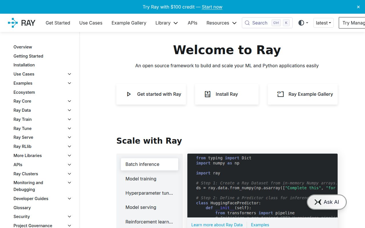 Screenshot of ray documentation