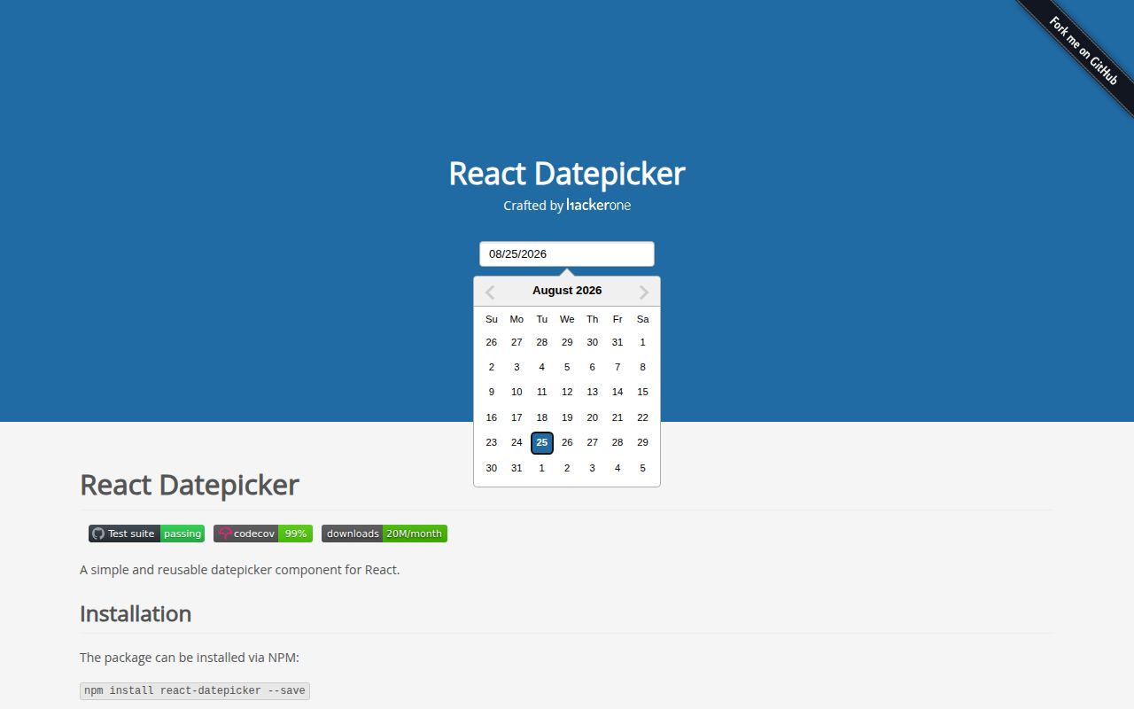 Screenshot of react-datepicker documentation