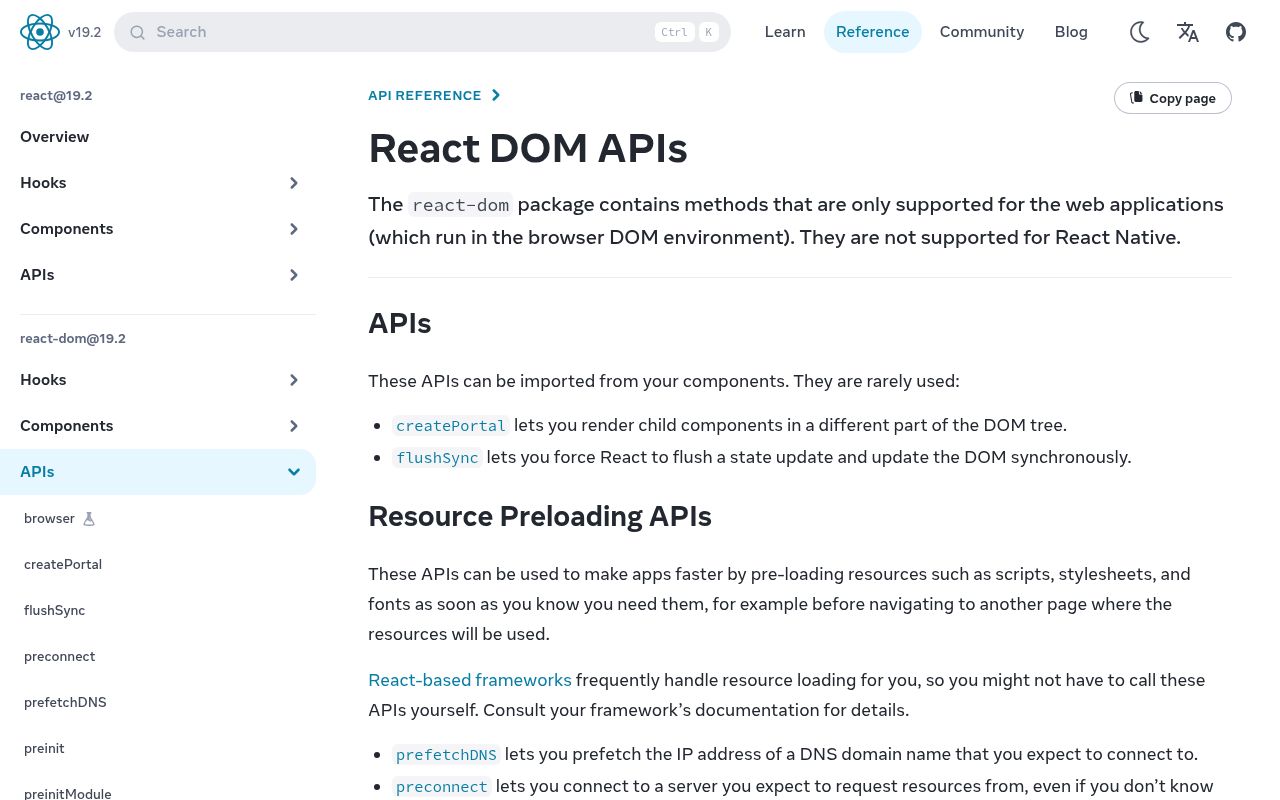Screenshot of react-dom documentation
