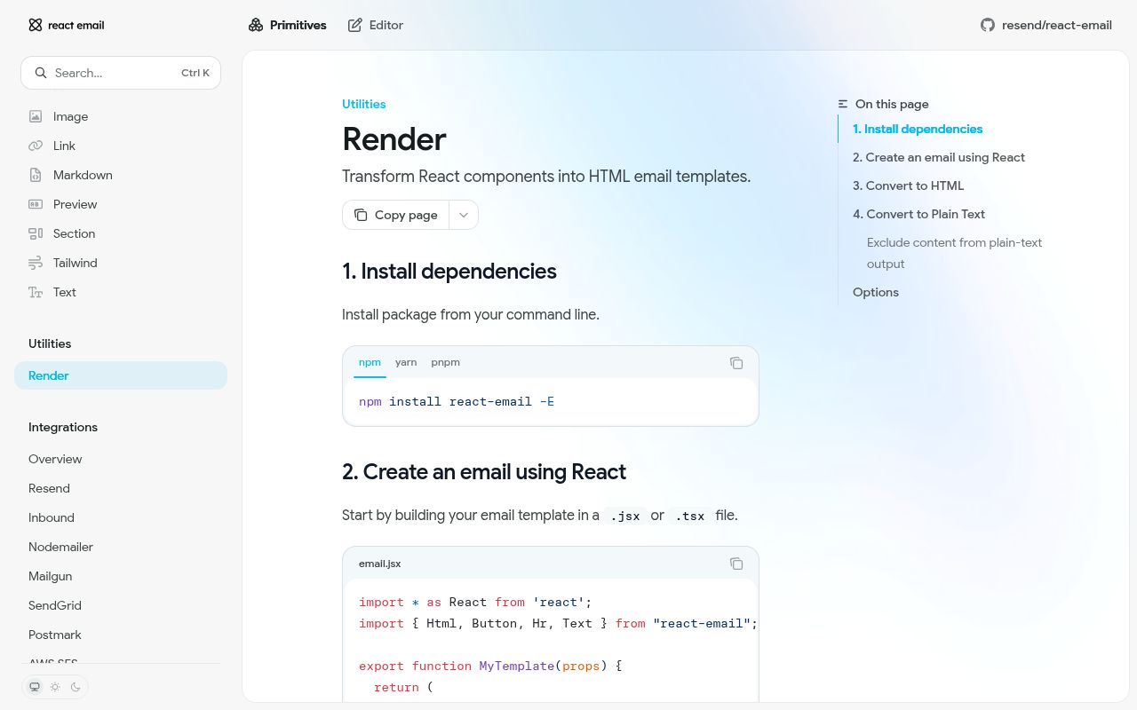 Screenshot of @react-email/render documentation