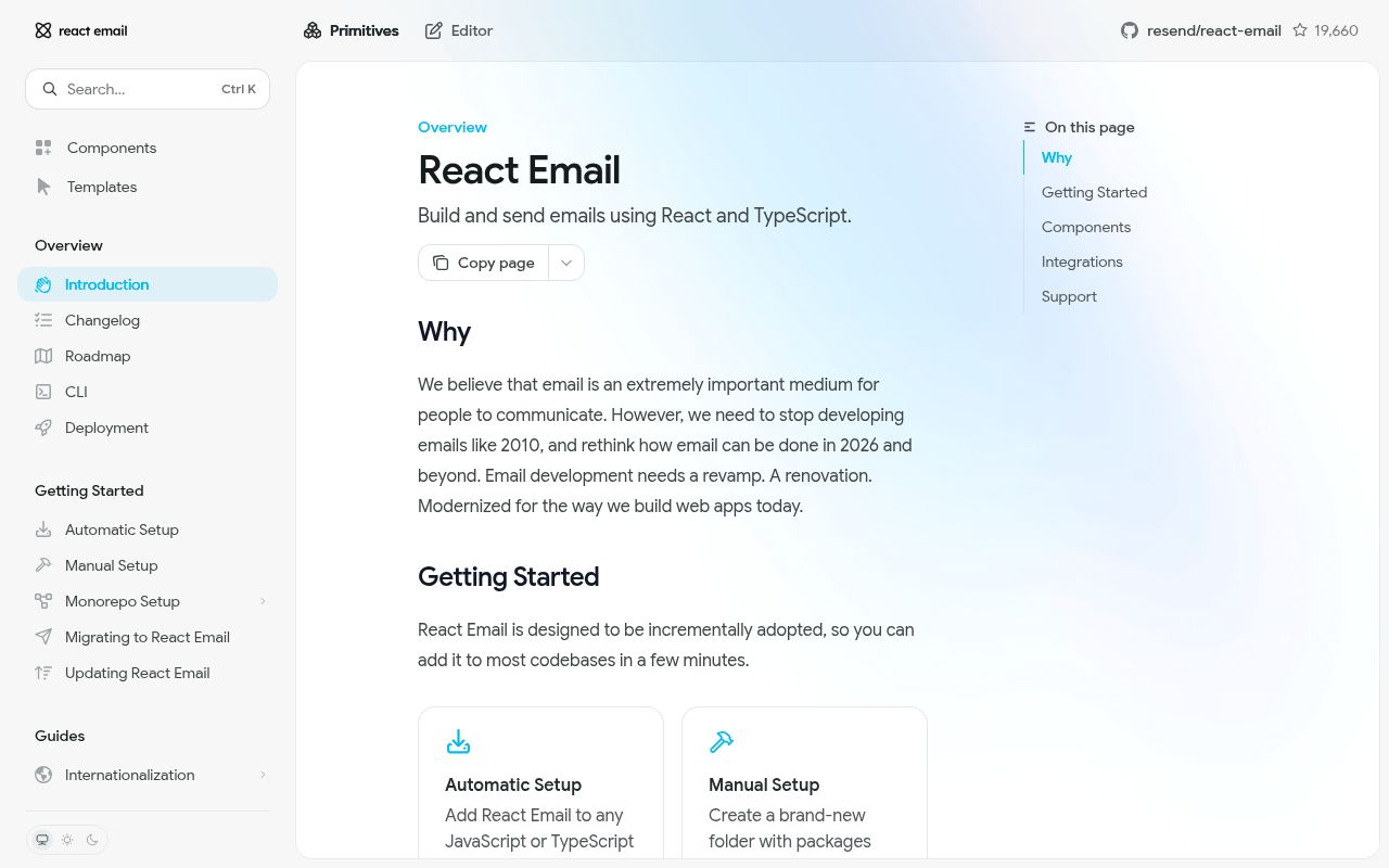 Screenshot of react-email documentation