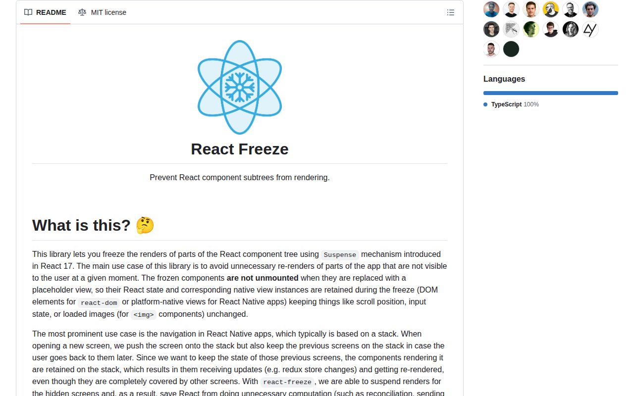 Screenshot of react-freeze documentation