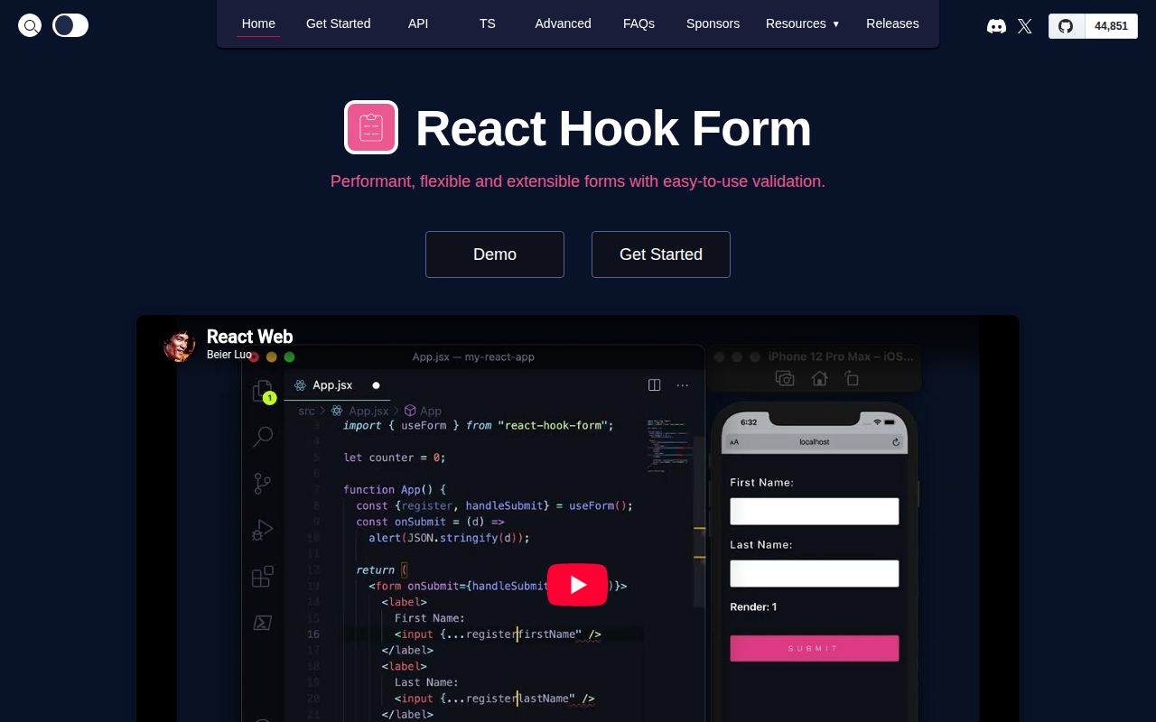 Screenshot of react-hook-form (react-hook-form.com)