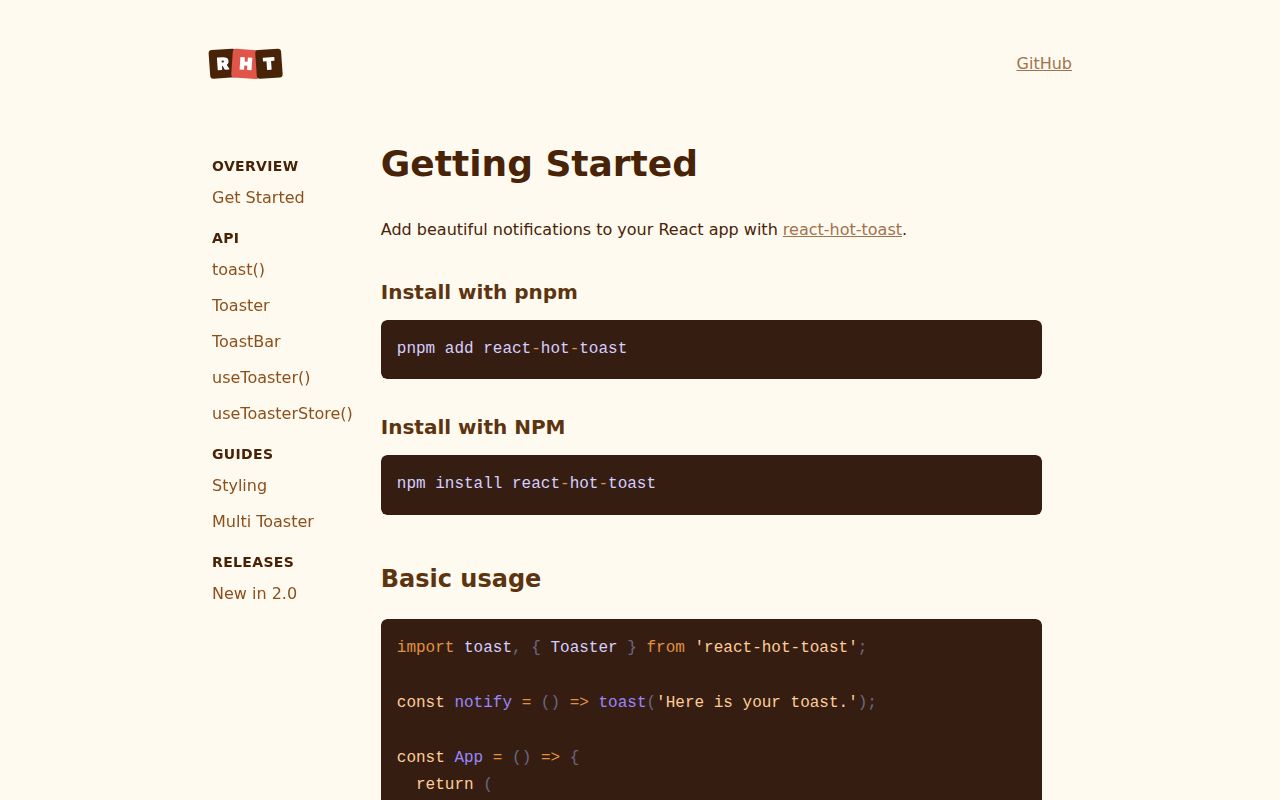 Screenshot of react-hot-toast documentation