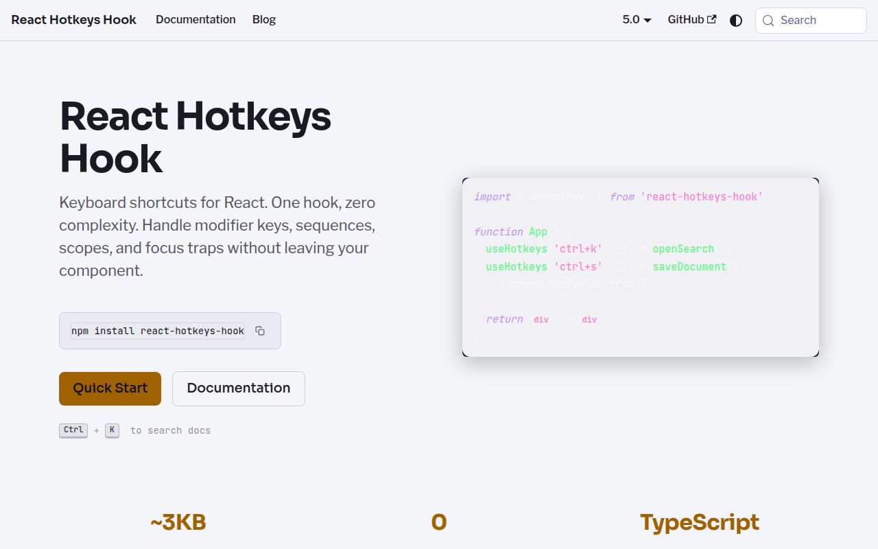Screenshot of react-hotkeys-hook documentation