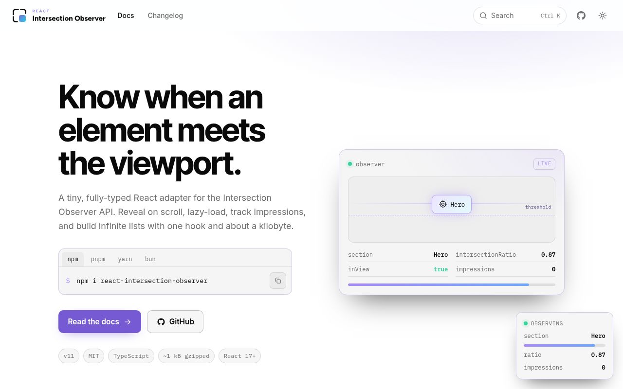 Screenshot of react-intersection-observer documentation
