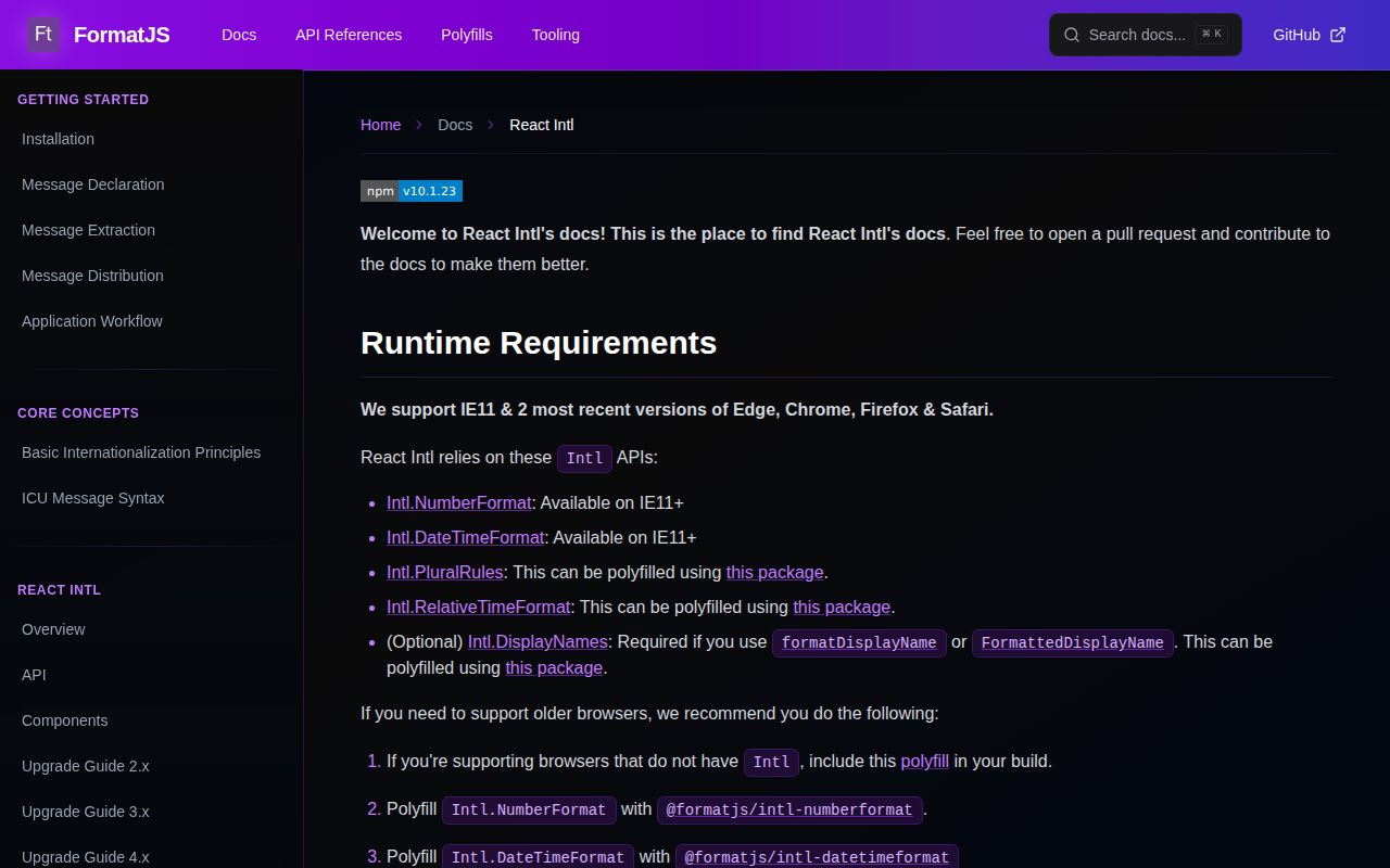 Screenshot of react-intl documentation