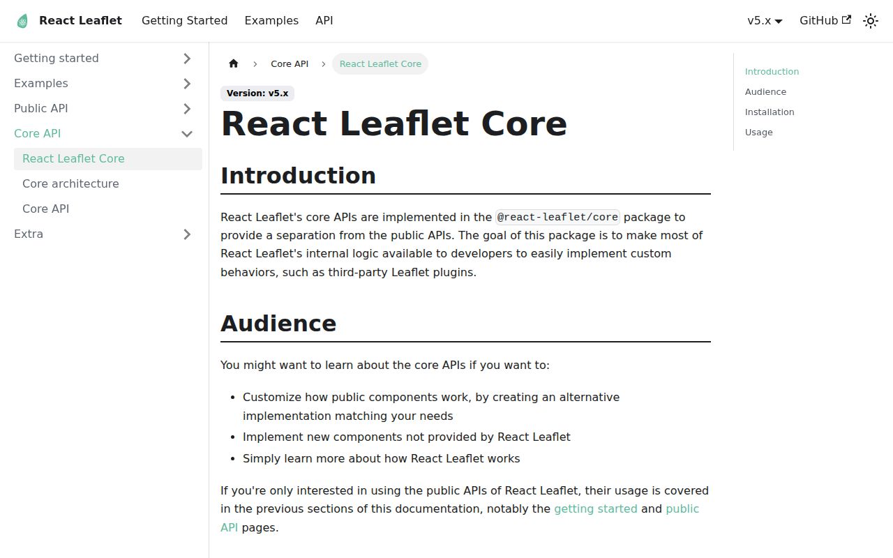 Screenshot of @react-leaflet/core documentation
