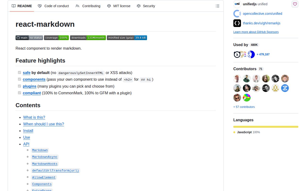 Screenshot of react-markdown documentation
