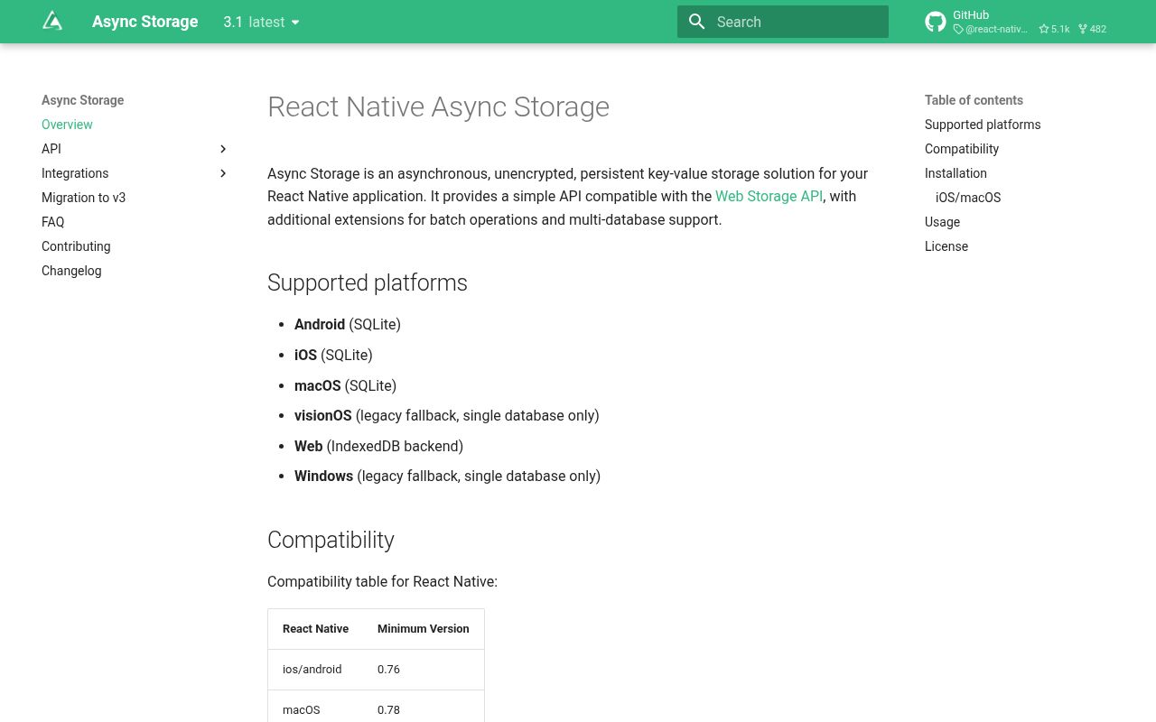 Screenshot of @react-native-async-storage/async-storage documentation