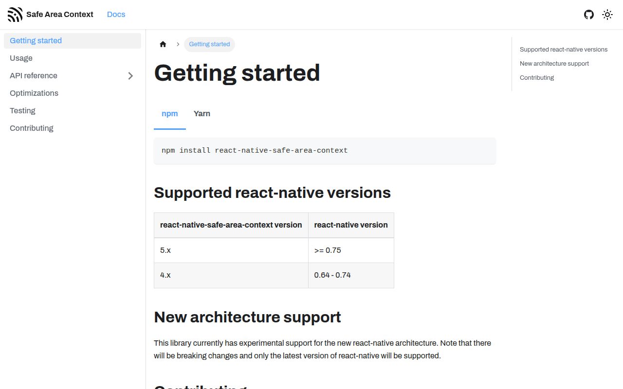 Screenshot of react-native-safe-area-context documentation