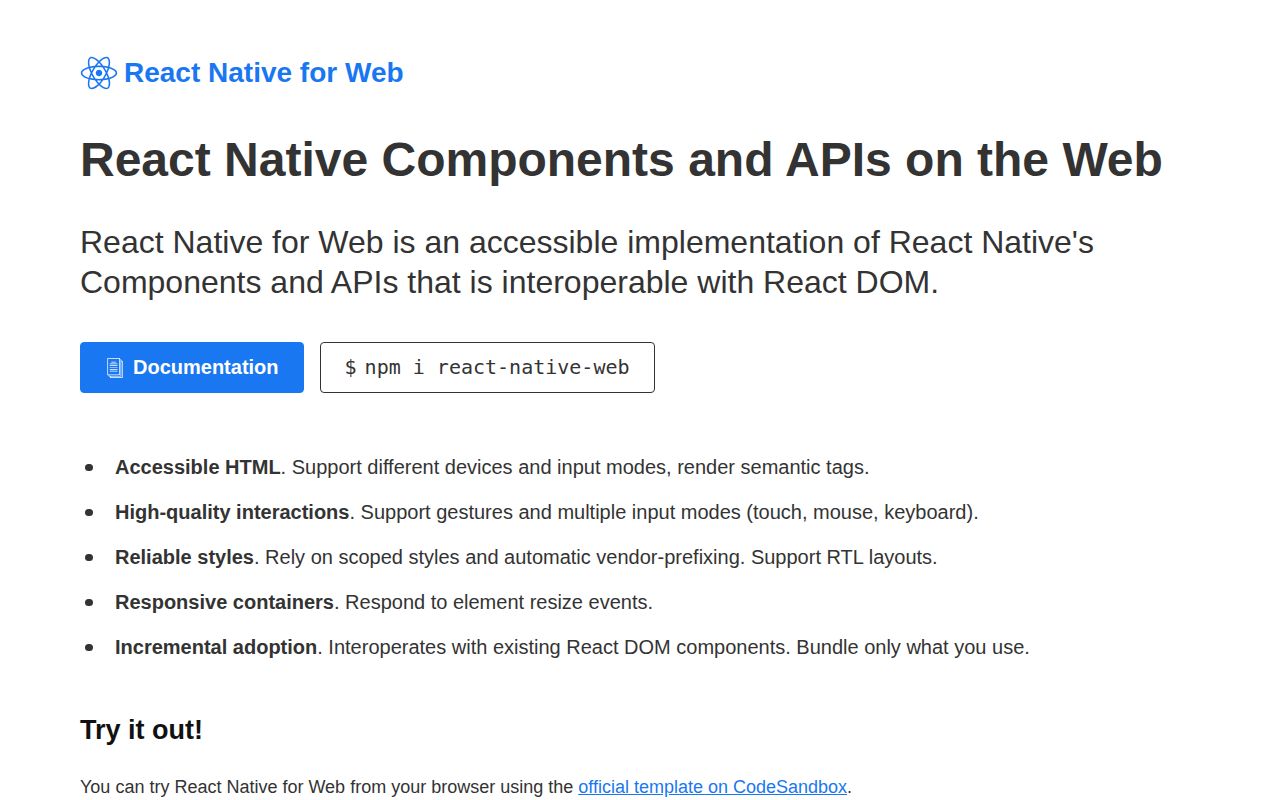 Screenshot of react-native-web documentation