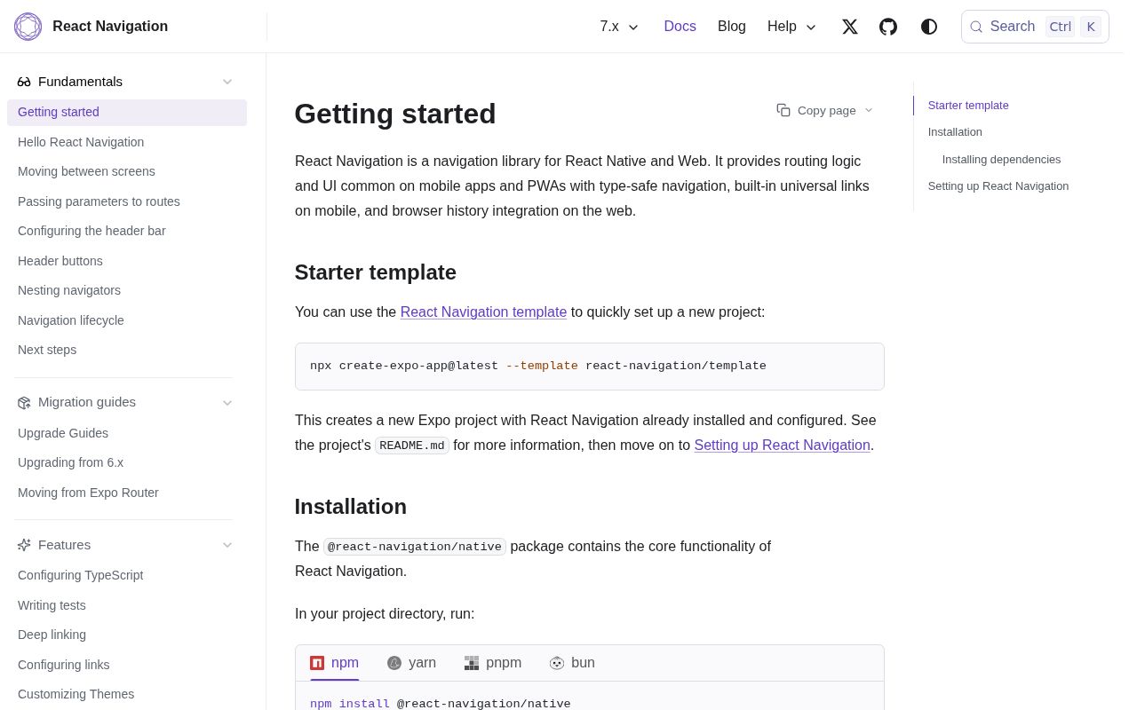 Screenshot of @react-navigation/native documentation