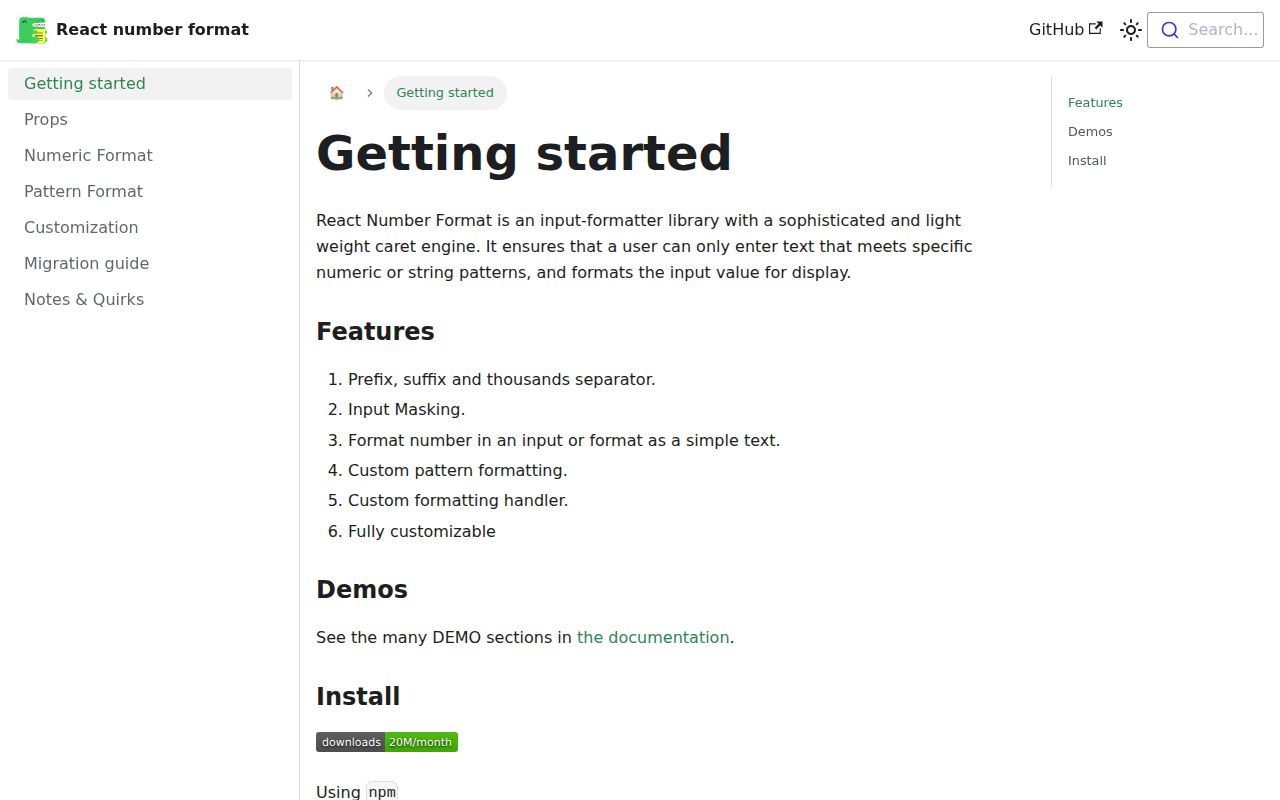 Screenshot of react-number-format documentation