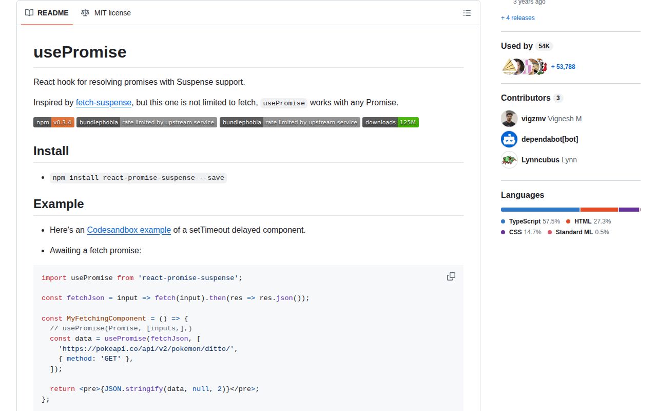 Screenshot of react-promise-suspense documentation