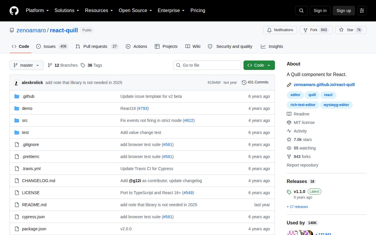 Screenshot of react-quill documentation