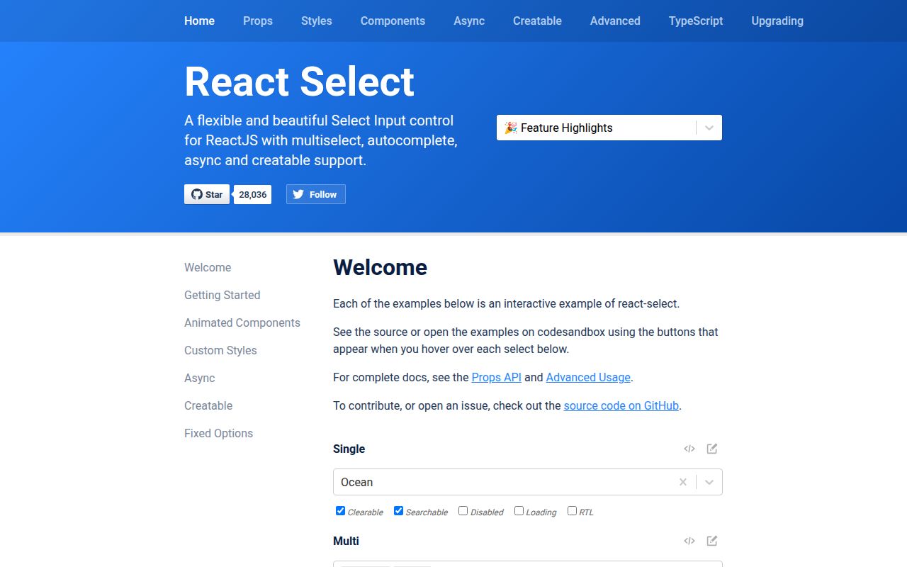 Screenshot of react-select documentation