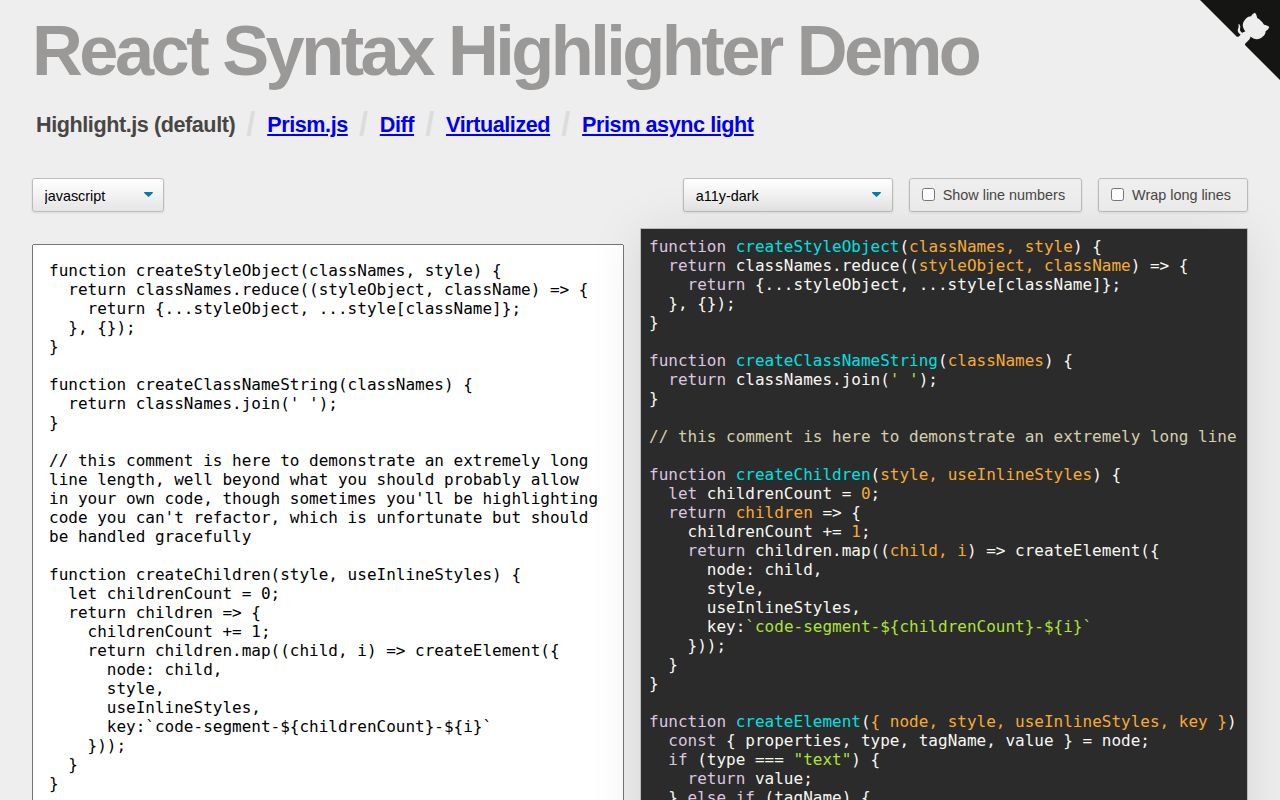 Screenshot of react-syntax-highlighter documentation