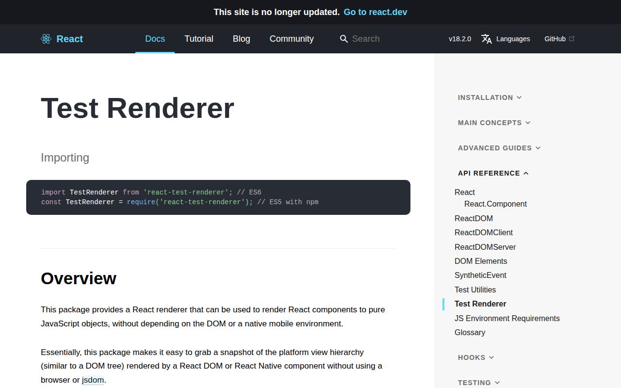 Screenshot of react-test-renderer documentation