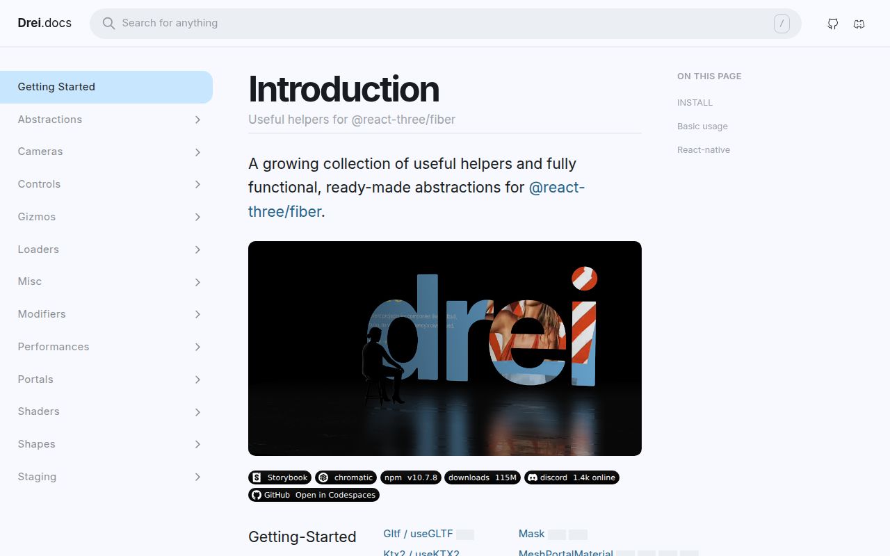 Screenshot of @react-three/drei documentation