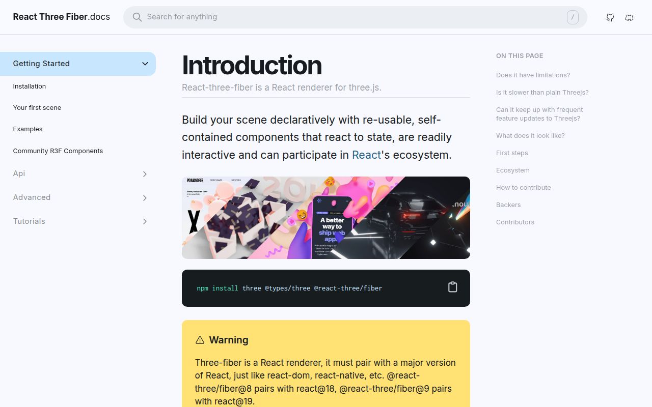 Screenshot of @react-three/fiber documentation