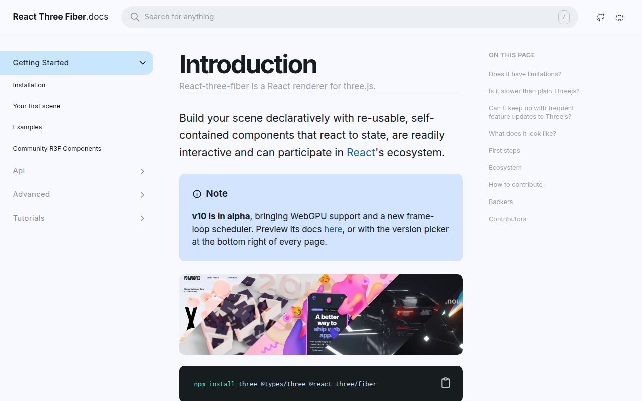 Screenshot of react-three-fiber (docs.pmnd.rs/react-three-fiber)
