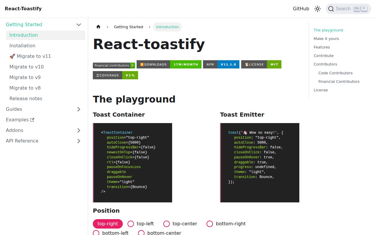 Screenshot of react-toastify documentation