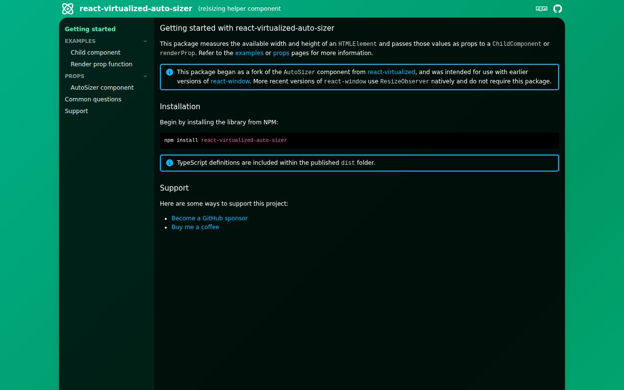 Screenshot of react-virtualized-auto-sizer documentation