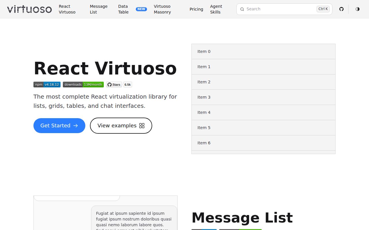 Screenshot of react-virtuoso documentation