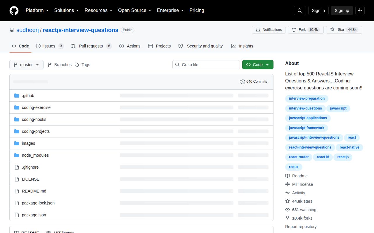 Screenshot of reactjs-interview-questions (github.com/sudheerj/reactjs-interview-questions)