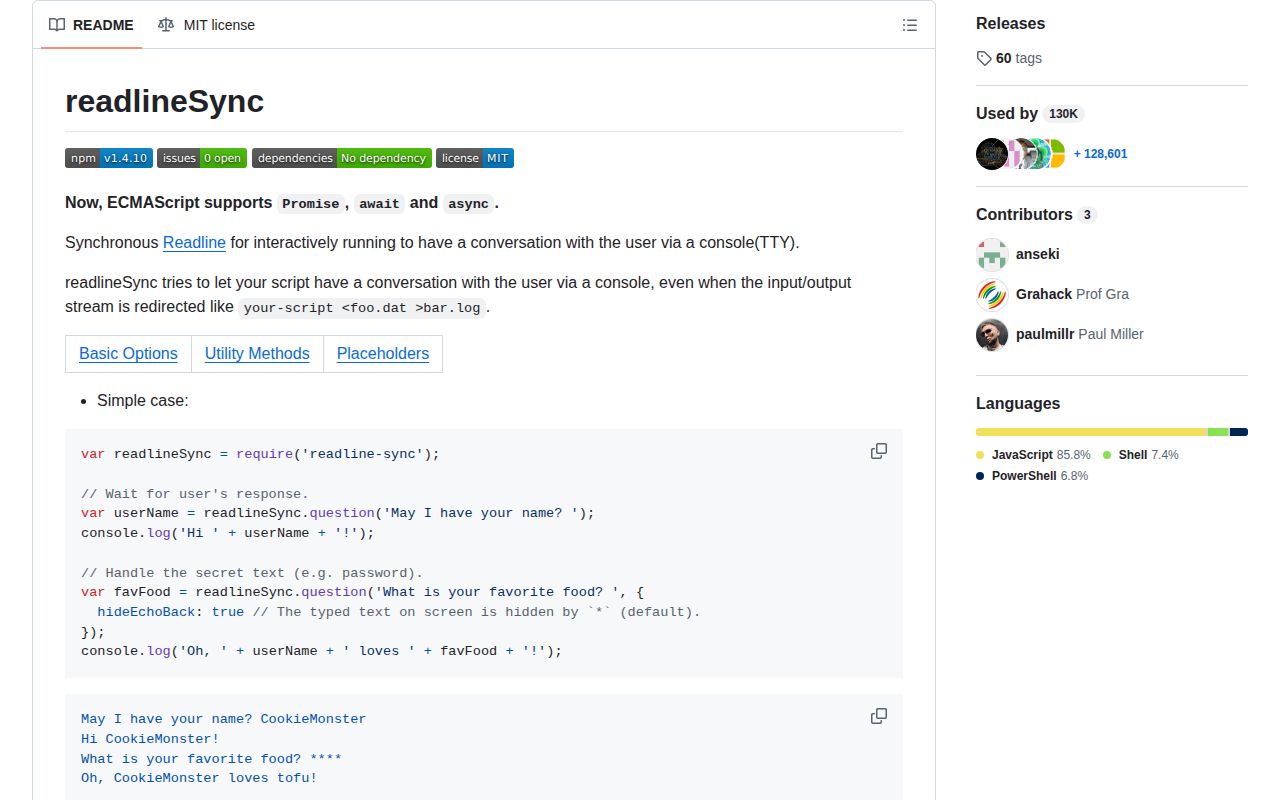 Screenshot of readline-sync documentation