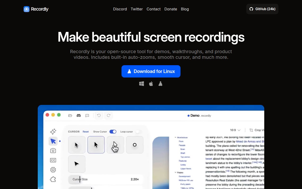 Screenshot of Recordly (recordly.dev)