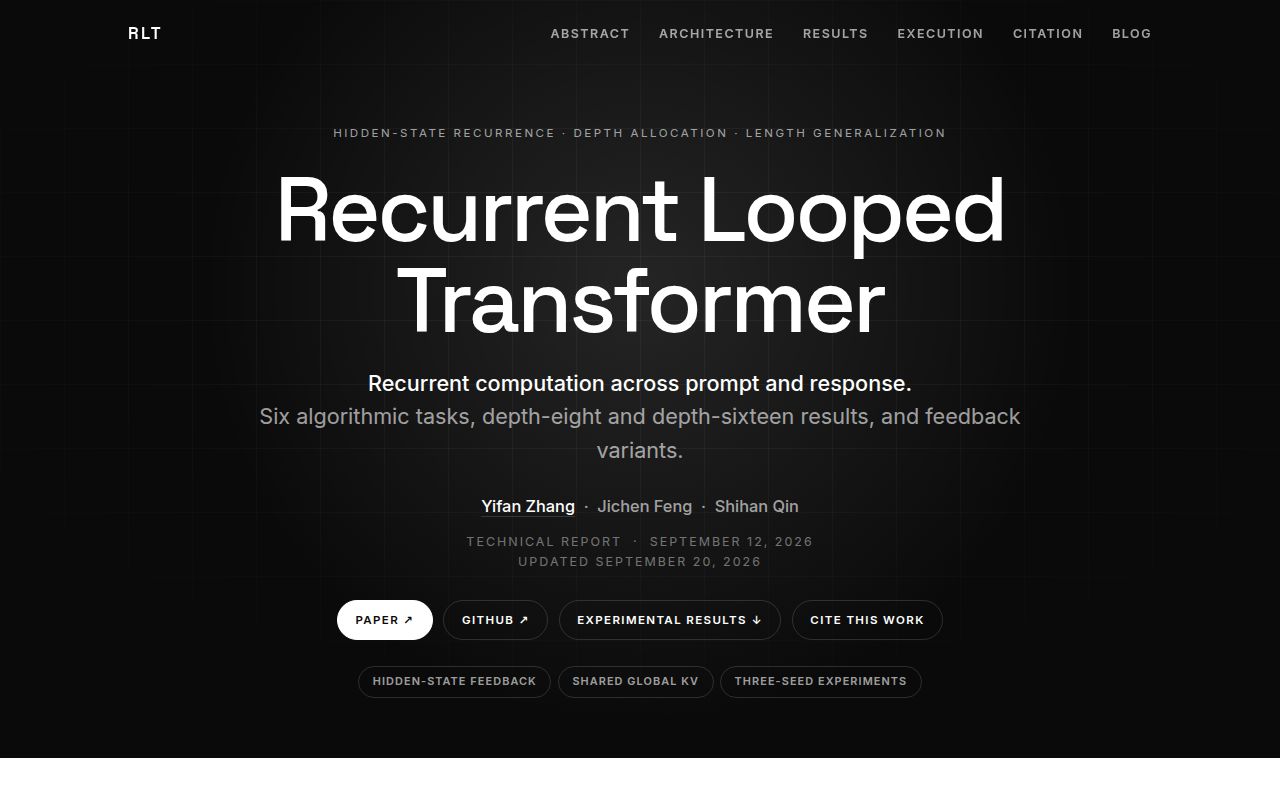 Screenshot of recurrent-looped-tranformer (yifanzhang-pro.github.io/recurrent-looped-tranformer)