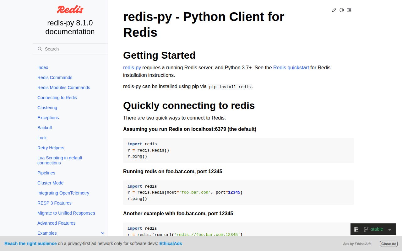 Screenshot of redis documentation