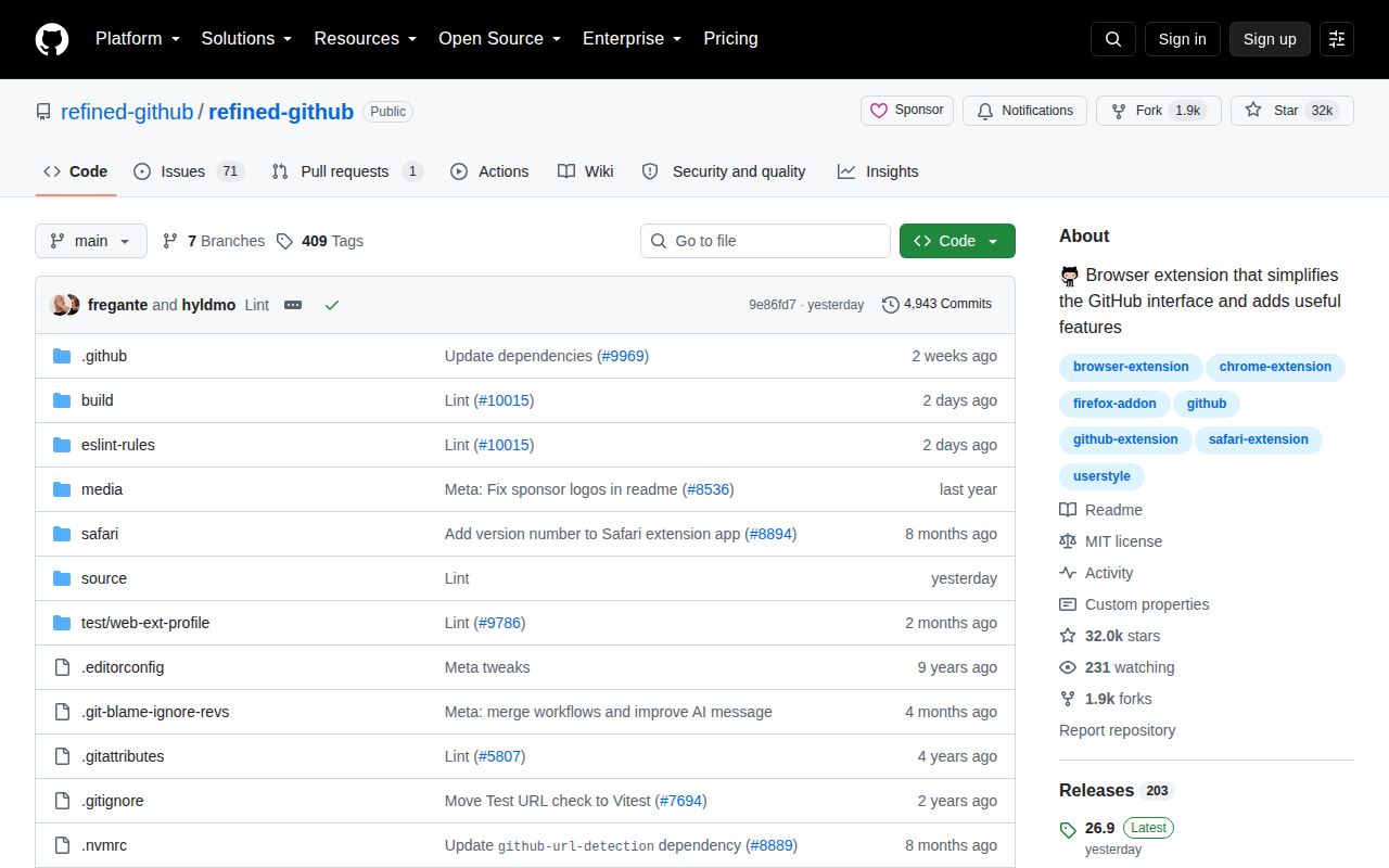 Screenshot of refined-github (github.com/refined-github/refined-github)