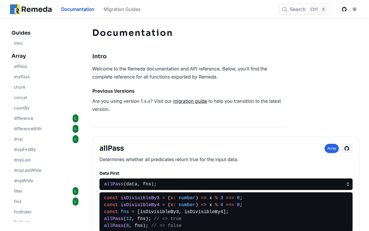 Screenshot of remeda documentation